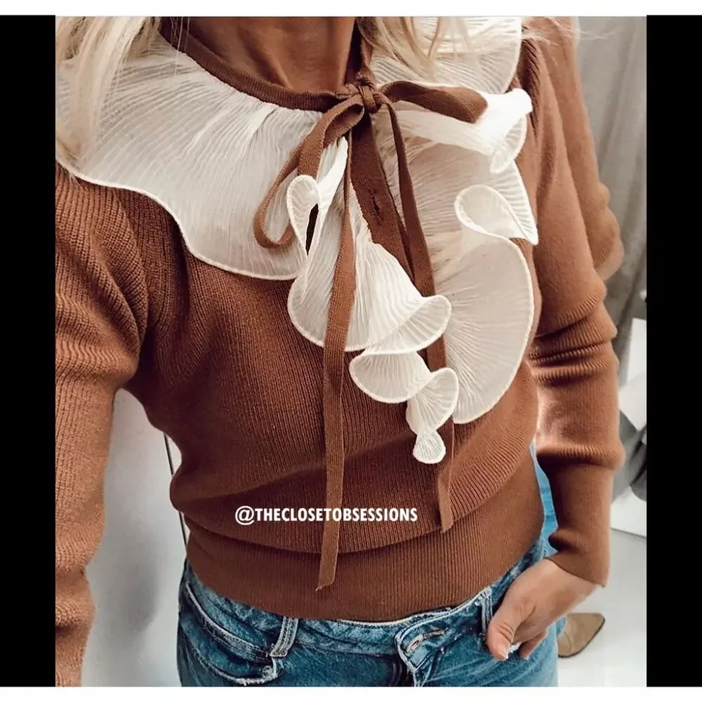 ZARA Knit Top with Ruffle Tie NWT | Brown Long Sleeve Contrast Collar M